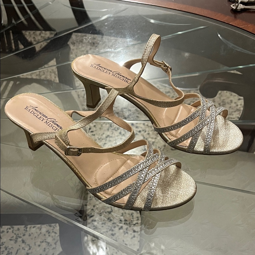 $15 today only!!! Badgley Mischka Glittering Gold Strappy Heels